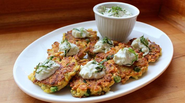 Indian Spiced Chickpea Pancakes with Leeks, Carrots and Peas with Yogurt Raita Recipe